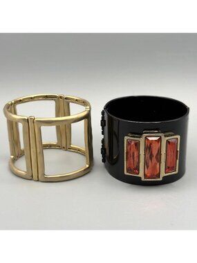 Black Enamel Cuff Faux Gemstone Gold Tone Hinged Stretch Bracelets Set of 2